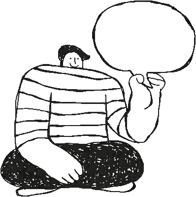 Desenho em linha de uma pessoa segurando um balao de conversa