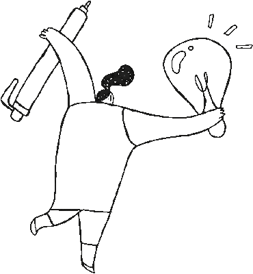 Desenho em linha de uma pessoa segurando uma caneta e uma lampada